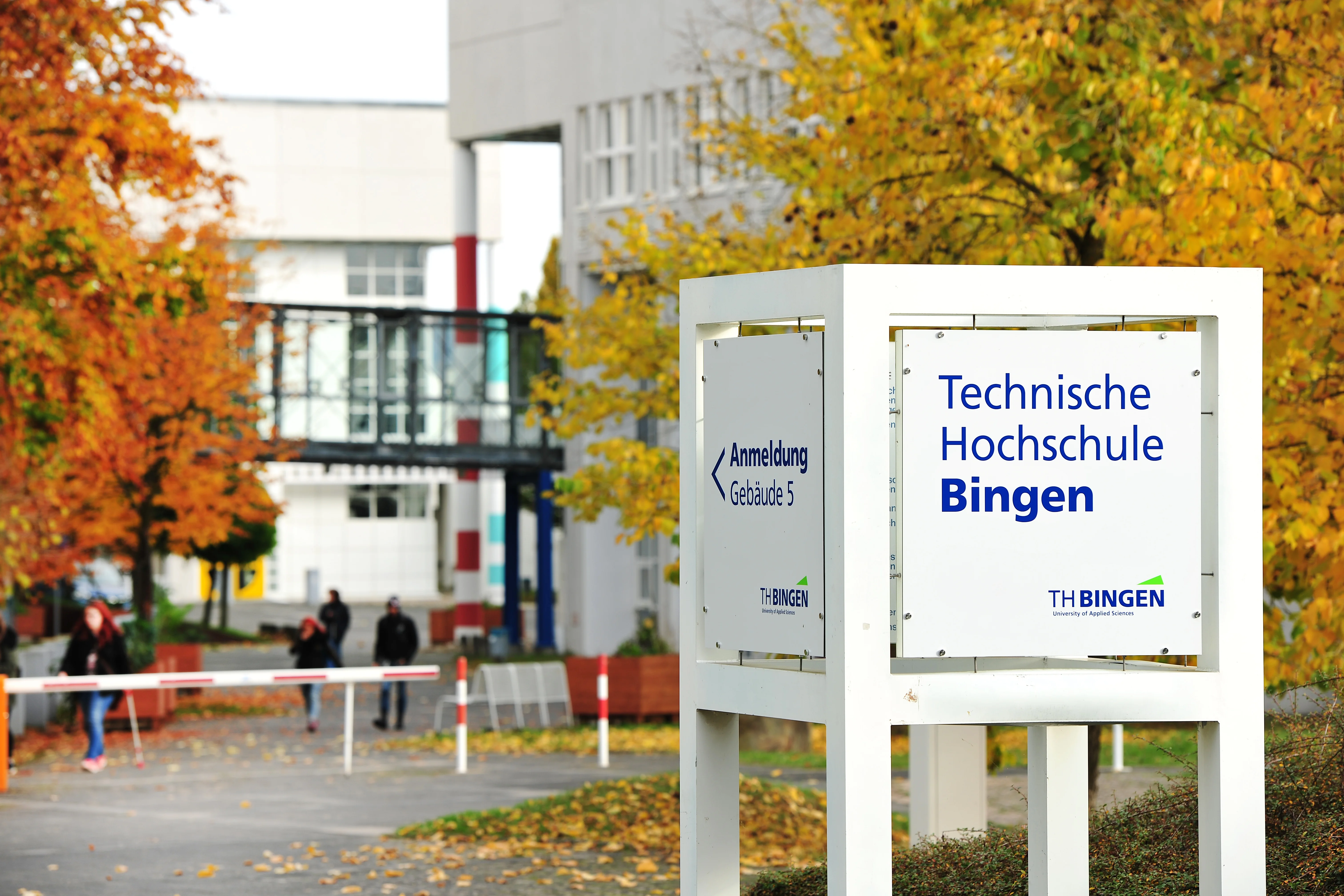 Das Bild zeigt ein Schild, auf dem das Logo und die Schrift der TH Bingen zu sehen sind mit herbstlichen Bäumen im Hintergrund.