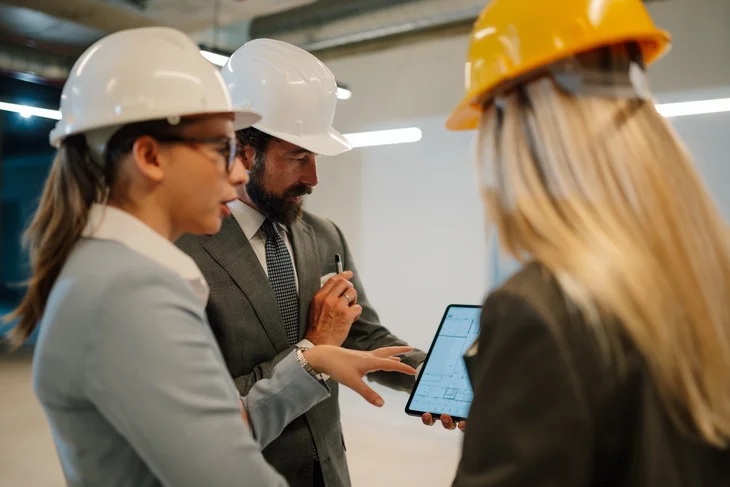 Architects and engineers discussing blueprint on tablet at construction site Grafik